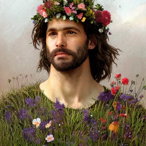 Prompt: portrait of the god of the meadow, 30 years old, upper body!!!!! meadow, flower crown, rugged, male, long hair, gorgeous, detailed face, amazing, hairy torso, muscular, intricate, highly detailed, digital painting, artstation, concept art, sharp focus, illustration, art by greg rutkowski and alphonse mucha