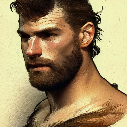 Image similar to portrait of a rugged ranger, muscular, upper body, hairy torso, D&D, fantasy, intricate, elegant, highly detailed, digital painting, artstation, concept art, smooth, sharp focus, illustration, art by alphonse mucha