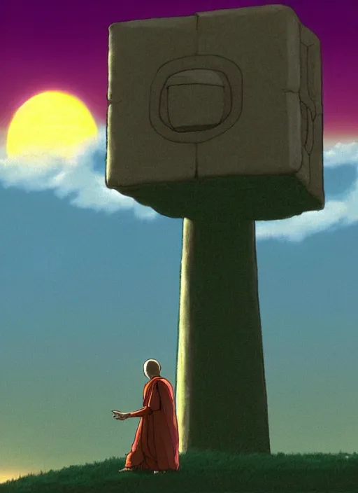 Image similar to a realistic cell - shaded studio ghibli concept art from paprika ( 2 0 0 6 ) of a floating cube from close encounters of the third kind ( 1 9 7 7 ) and a monk meditating on top of a pillar on a misty starry night. very dull colors, hd, 4 k, hq
