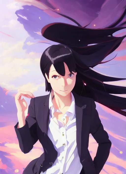 Image similar to a ultradetailed beautiful panting of a stylish woman wearing a shirt with a tie, she has black hair, dancing, background explosion, by makoto shinkai, jesper ejsing, rhads, makoto shinkai, trending on artstation