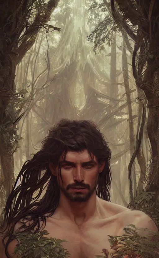 Image similar to God of the forest, male, long hair, gorgeous, amazing, muscular, intricate, highly detailed, digital painting, artstation, concept art, sharp focus, illustration, art by greg rutkowski and alphonse mucha