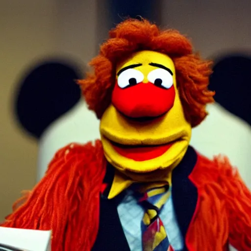 Prompt: Ronald McDonald as a muppet, testifying on trial