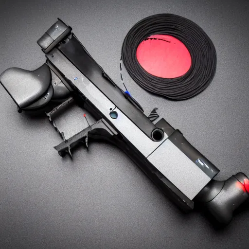 Image similar to a 3 d printed working laser gun, that used nylon carbon fiber filament. 5 0 mm lens, f 1. 8.