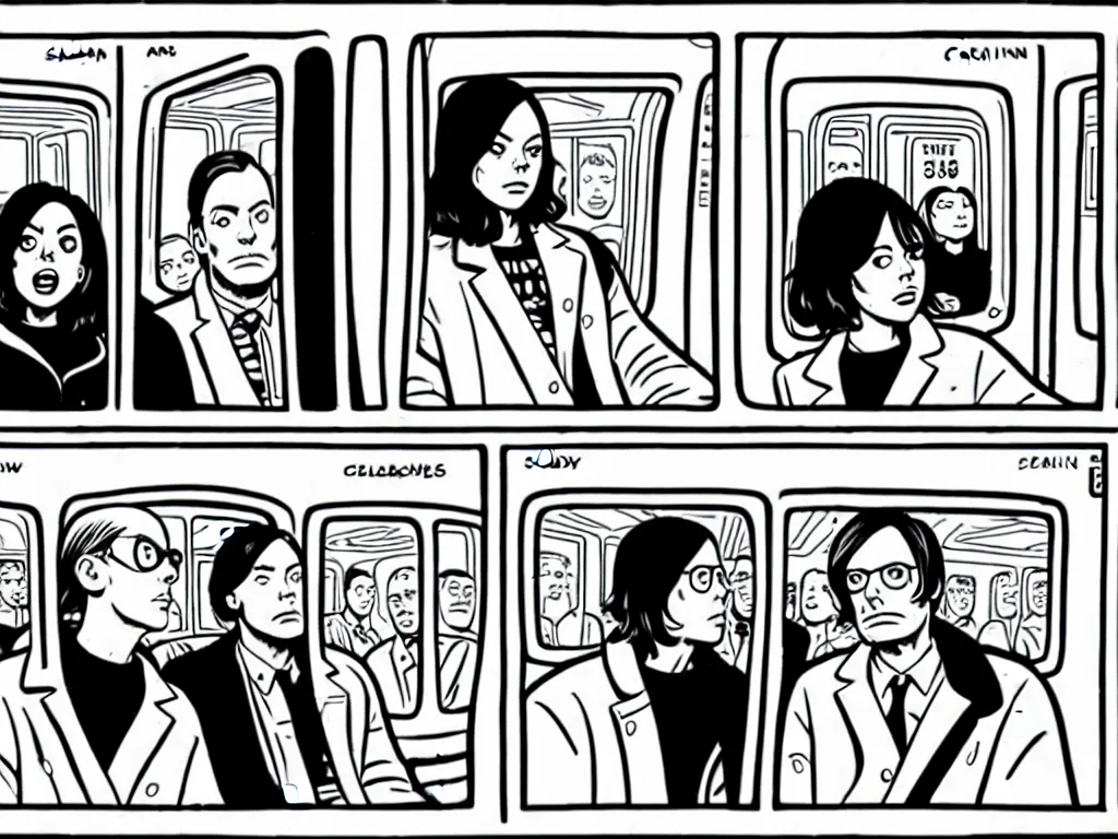 Image similar to a single comic panel by Daniel Clowes, 3/4 low angle view wide shot of two people sitting in an empty Chicago subway train, in front of windows: a sad Aubrey Plaza in a parka and a friendly Mads Mikkelsen in a suit