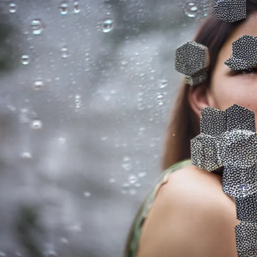 Image similar to a photo of a female made out of hexagons stone, trying to feel the rain, 5 0 mm lens, f 1. 4, sharp focus, ethereal, emotionally evoking, head in focus, volumetric lighting, 8 k