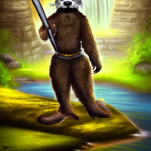 Image similar to furry otter warrior, fantasy art, lightweight armour, near the river, waterfall, digital art, high quality