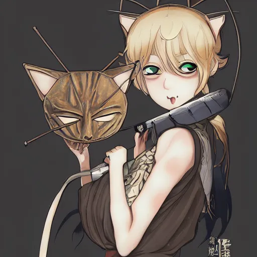 Prompt: portrait of a phony in the cat mask, anime fantasy illustration by tomoyuki yamasaki, kyoto studio, madhouse, ufotable, trending on artstation