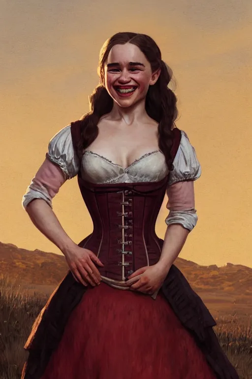 Image similar to Emilia Clarke smiling warmly in a 1800s American Corset in Red Dead Redemption, detailed Smile, only two hands, highly detailed, digital painting, artstation, concept art, smooth, sharp focus, illustration, Unreal Engine 5, 8K, art by art by artgerm and greg rutkowski and edgar maxence