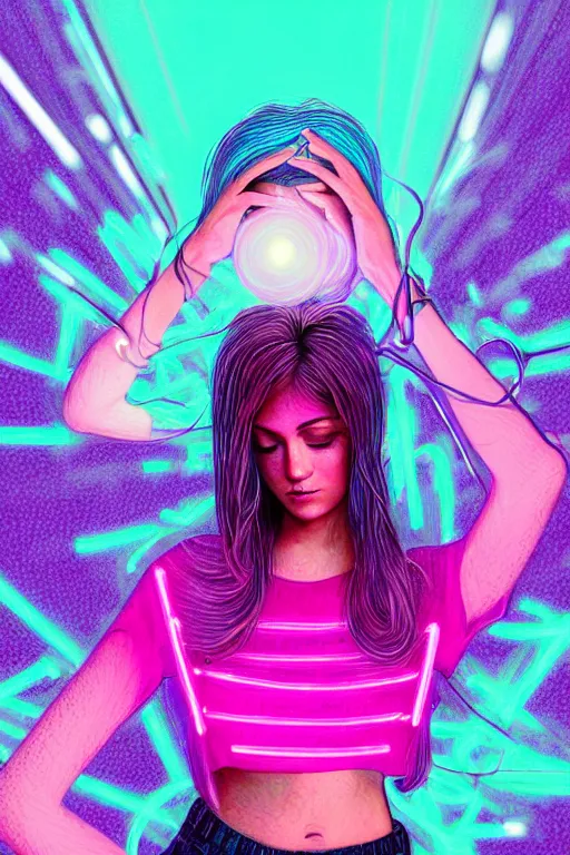 Image similar to a award winning half body portrait of a beautiful woman in a croptop and cargo pants with ombre purple pink teal hairstyle and hands in pockets by ari liloan, surrounded by whirling illuminated lines, outrun, vaporware, shaded flat illustration, digital art, trending on artstation, highly detailed, fine detail, intricate