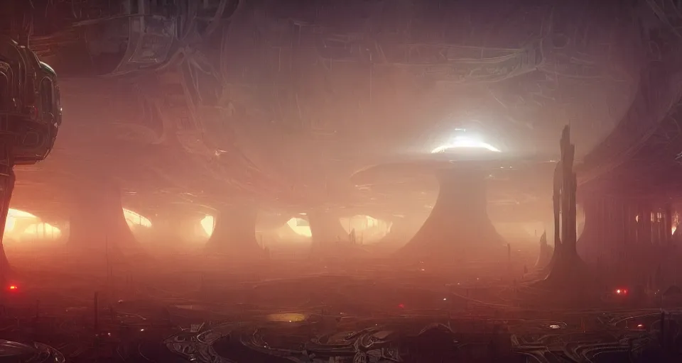 Prompt: Retro futuristic Sci-Fi space forest scene, Giant Aztec space city, volumetric light, fog, dusk lighting, intricate details ,by denis villeneuve, Ridley Scott, Greg Rutkowski and Alphonse Mucha