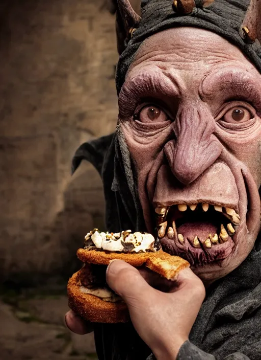 Image similar to closeup portrait of a medieval goblin eating cakes in the cloisters, depth of field, zeiss lens, detailed, symmetrical, centered, fashion photoshoot, by Annie Leibovitz and Steve McCurry, David Lazar, Jimmy Nelsson, Breathtaking, 8k resolution, extremely detailed, beautiful, establishing shot, artistic, hyperrealistic, beautiful face, octane render