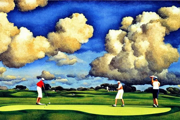 Image similar to Three golfers on a beautiful golf course, wonderous could formations in sky, by Diego Rivera