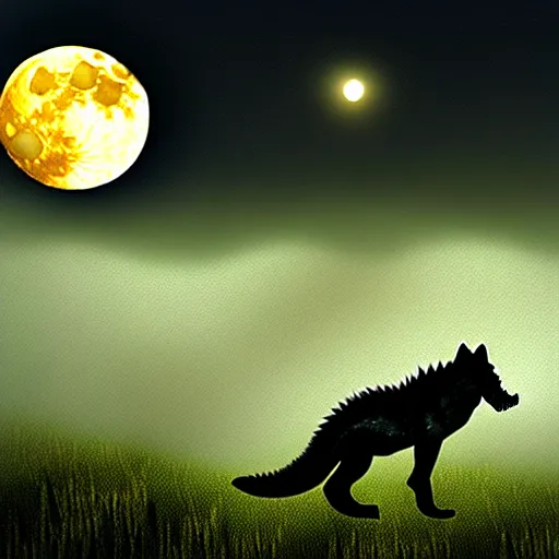 Image similar to Crocodile chimera prowling a fog covered swamp, snout and ears of a wolf, yellowish full moon