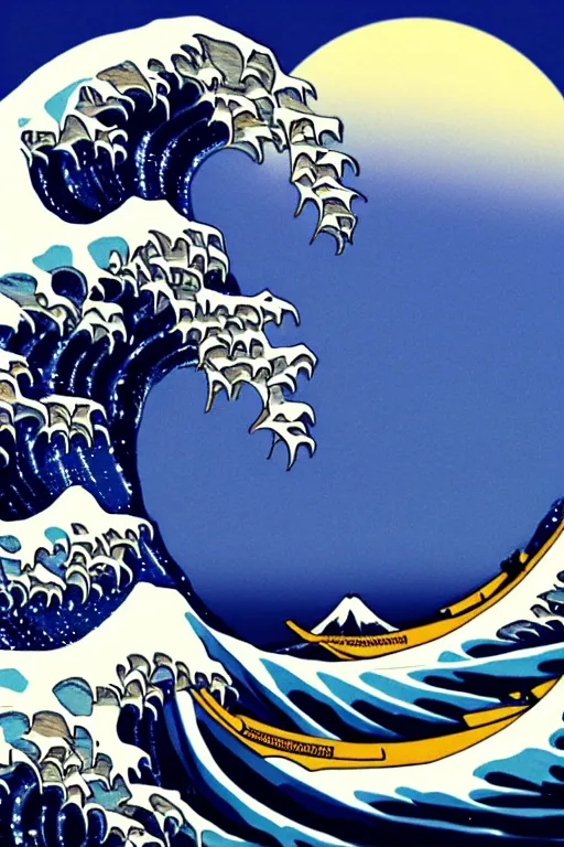 Image similar to The Great Wave off Kanagawa, Moon in the background, fine art photography