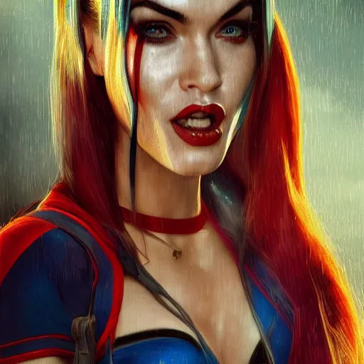 Image similar to portrait of megan fox as harley quinn, au naturel, hyper detailed, digital art, trending in artstation, cinematic lighting, studio quality, smooth render, unreal engine 5 rendered, octane rendered, art style by klimt and nixeu and ian sprigger and wlop and krenz cushart.