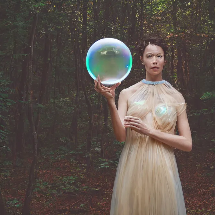 Prompt: a closeup portrait of a woman wrapped in plastic, standing next to a levitating iridescent orb, in a forest, color photograph, by vincent desiderio, canon eos c 3 0 0, ƒ 1. 8, 3 5 mm, 8 k, medium - format print