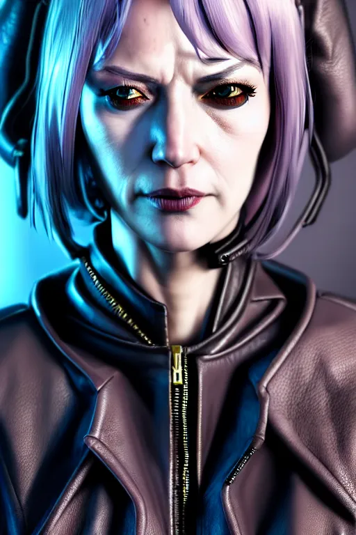 Prompt: hyperdetailed very close portrait of a european fourty years old woman with grey eyes in a leather suit with a pin in a cyberpunk city inspired by ross tran and wlop and masamune shirow and kuvshinov, concept art, intricate, photorealistic, octane render, rtx, hdr, unreal engine, dnd digital art by artgerm