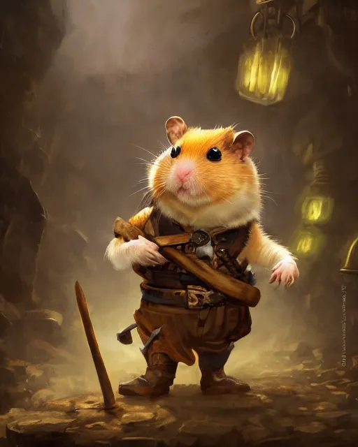 Image similar to oil painting of anthropomorphized hamster holding pickaxe, steampunk clothes, close shot, full body, dark steampunk mine shaft background, sharp focus, fantasy style, octane render, volumetric lighting, 8k high definition, by greg rutkowski, highly detailed, trending on art Station, dungeons and dragons artwork, centered