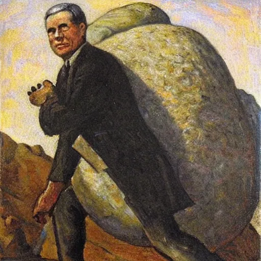 Prompt: a painting of benjamin netanyahu as sisyphus, carrying large boulder on shoulders, mountain background, by franz stuck