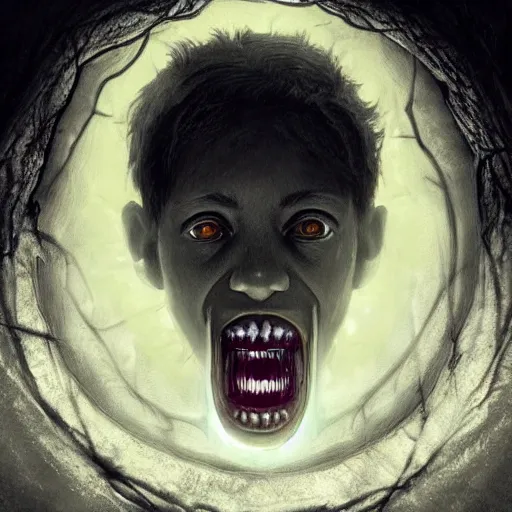 Image similar to an eye inside a mouth of a child with pointed teeth and glowing yellow eyes, nightmare, dark, h. p. lovecraft, portrait, intricate, detailed, volumetric lighting, scenery, digital painting, highly detailed, artstation, sharp focus, illustration, concept art, art by artgerm and greg rutkowski