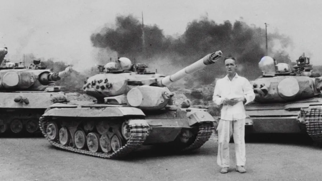 Prompt: old historic photograph of a single person in white shirt, holding white grocery bags, standing on the road facing four battle tanks approaching him