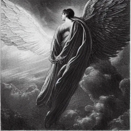 Prompt: angel in flowing cloak flying above a city, style of gustave dore, night city