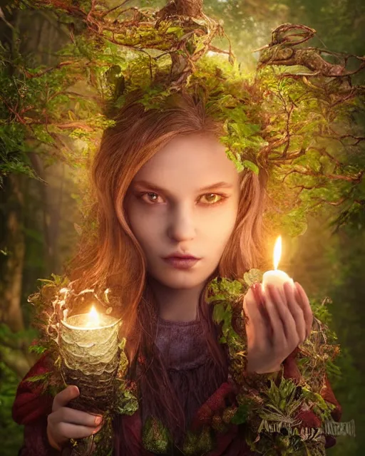 Image similar to portrait high definition photograph cute girl holding a candle fantasy character art, hyper realistic, pretty face, hyperrealism, iridescence water elemental, snake skin armor forest dryad, woody foliage, 8 k dop dof hdr fantasy character art, by aleski briclot and alexander'hollllow'fedosav and laura zalenga