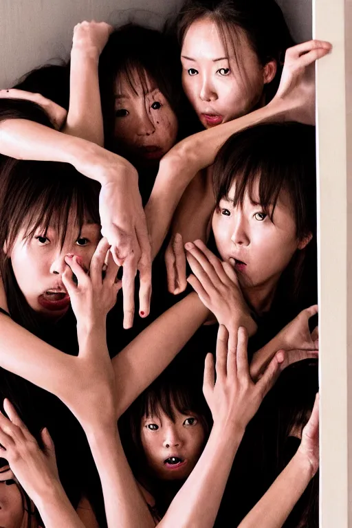 Image similar to many hands and arms coming from behind bathroom door, korean horror film