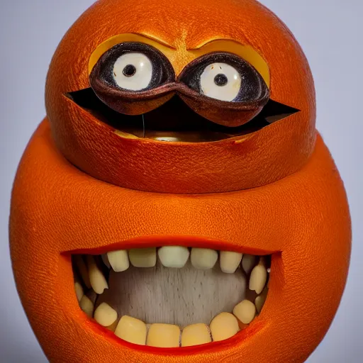 Image similar to a taxidermized annoying orange, in a museum, 8 5 mm lens, 7 0 mm entrance pupil diameter