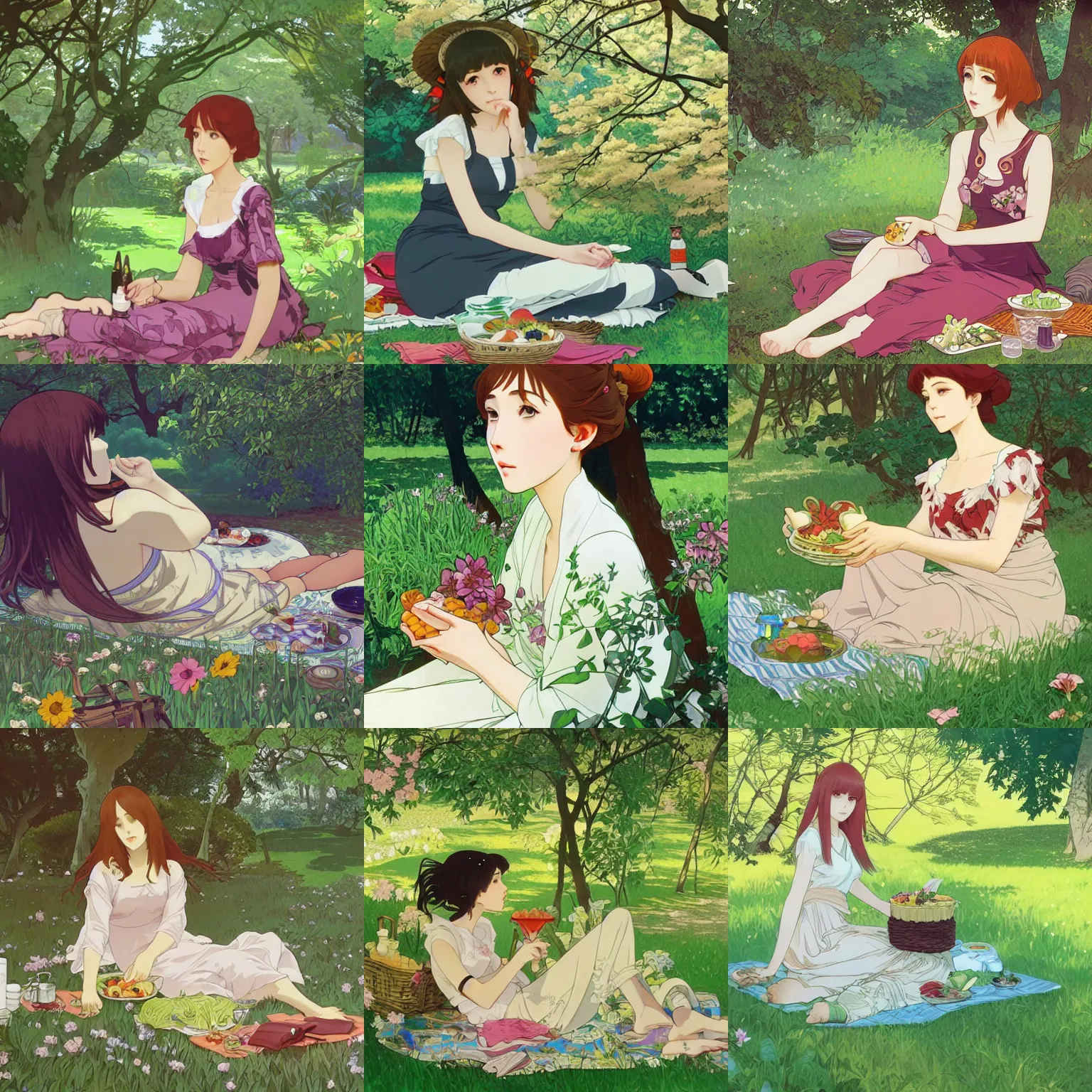 Prompt: A young woman having a picnic in a lush park, intricate facial features, highly detailed, anime, realistic shading, Kyoto Animation and Studio Ghibli still, by Ilya Kuvshinov and Alphonse Mucha