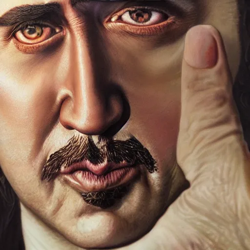 Prompt: a detailed fantasy character portrait of Nicolas Cage as godfather by lauri blank, artgerm, evelyn de morgan, 8K, 50mm lens