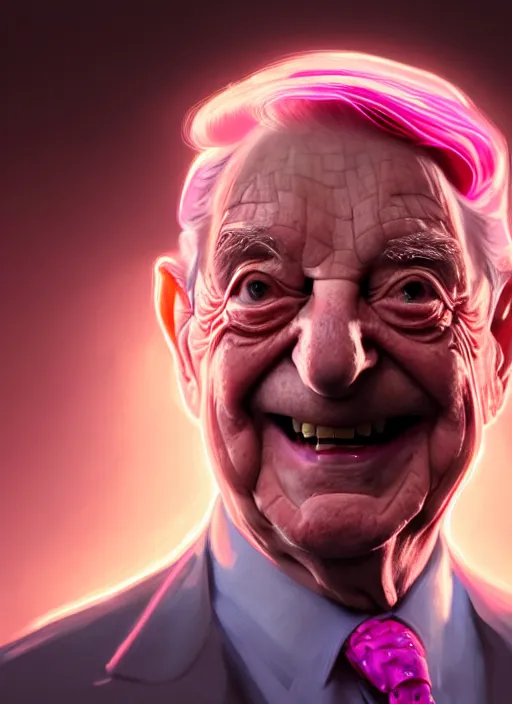 Image similar to portrait of george soros, realistic, smile, ugly, defined jawline, pink hair bow, intricate, elegant, glowing lights, highly detailed, digital painting, artstation, sharp focus, illustration, art by wlop, mars ravelo and greg rutkowski