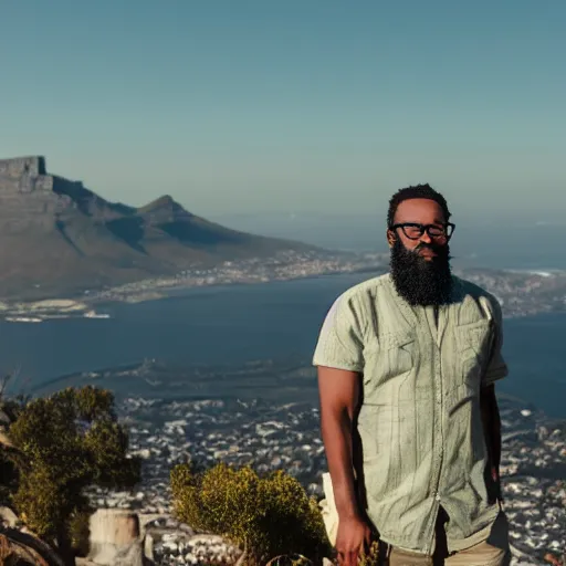 Prompt: cinematic still of 33 year old mixed south African man with glasses and trimmed beard standing Table Mountain. skyline of Capetwon in background, epic directed by Steven Spielberg