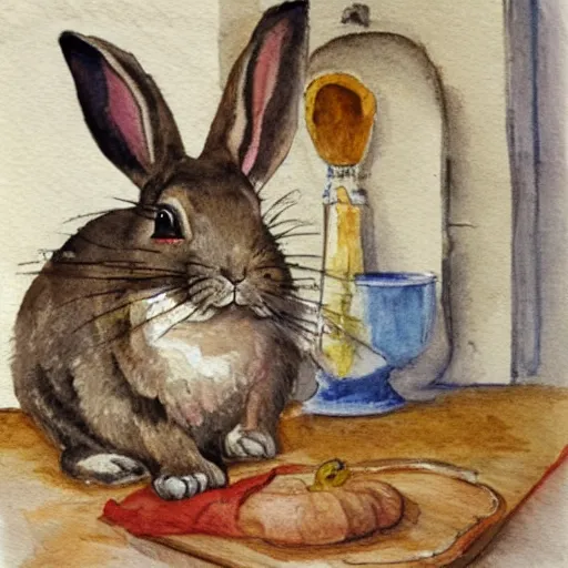 Image similar to a rabbit cooking in a french kitchen, watercolour realism