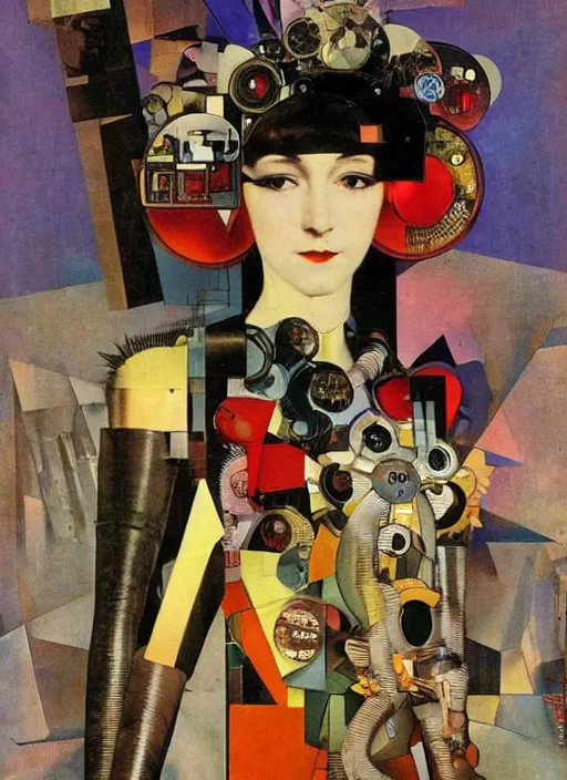 Prompt: cute punk goth fashion fractal mecha girl wearing a television tube helmet and kimono made of circuits and leds, surreal Dada collage by Man Ray Kurt Schwitters Hannah Höch Alphonse Mucha Beeple