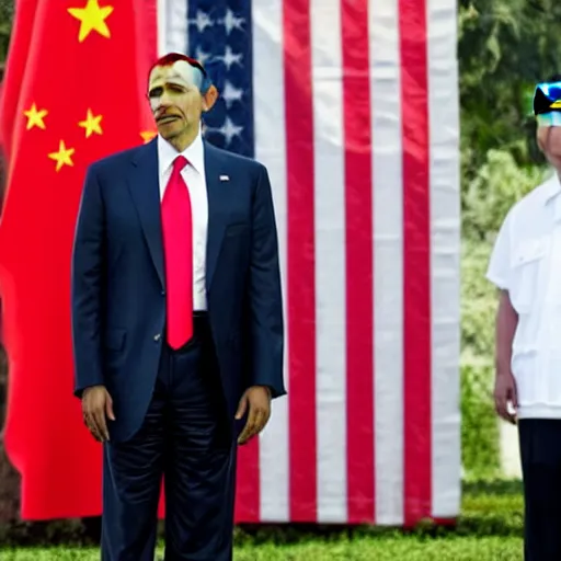 Prompt: obama with an american flag wrapped around his head, trump and putin in greyscale look on forebodingly in the background, red chinese flowers in the background, chinese characters in the foreground