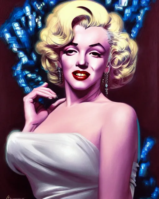Image similar to sophisticated portrait of Marilyn Monroe, 1980s flower power hippy, very smoky cyberpunk Paris bar, elegance, highly detailed, shallow depth of field, Artstation, Artgerm, Donato Giancola and Joseph Christian Leyendecker