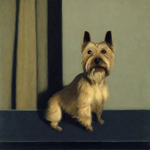 Prompt: a norwich terrier with a cocktail, vilhelm hammershoi