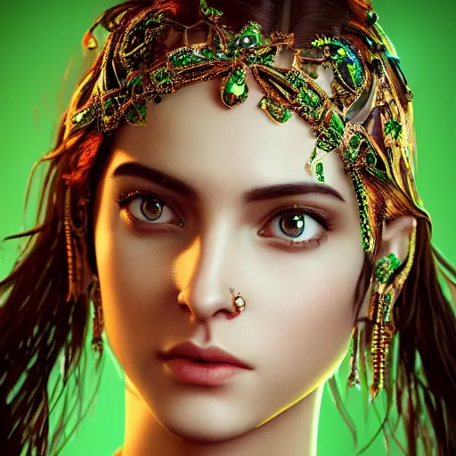 Prompt: photograph of wonderful princess with smooth fair skin, alluring eyes, green jewelry, breathtaking, elegant, ornate, intricate, hyper detailed, accent lighting, dramatic light, 4 k octane render