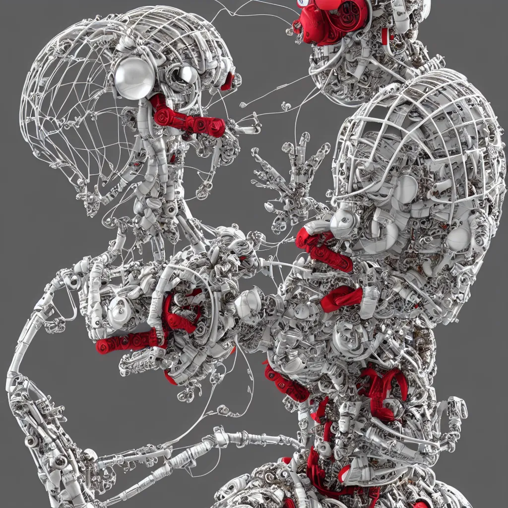 Image similar to complex 3d render ultra detailed of an astronaut, mechanical cyborg, 50 mm, beautiful natural soft light, rim light, studio light, silver gold details, magnolia big leaves and stems, roots, fine foliage lace, mesh wire, intricate details, hyperrealistic, mandelbrot fractal, anatomical, red lips, white metal armor, facial muscles, cable wires, microchip, elegant, Alexander Mcqueen haute couture, wabi sabi, octane render, H.R. Giger style, 8k