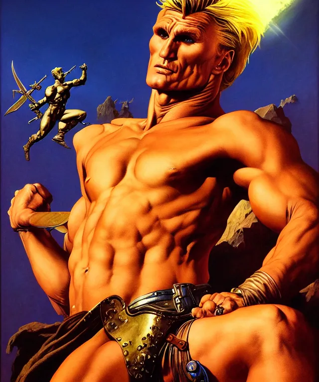 Prompt: a ( fantasy comic ) ( cover art ) portrait of ( dolph lundgren ) as a ( sellsword ), oil painting by maxfield parrish and michael whelan and frank kelly freas and frank frazetta and artgerm, inspired by caravaggio, d & d, highly detailed!, hd, 4 k, trending on artstation