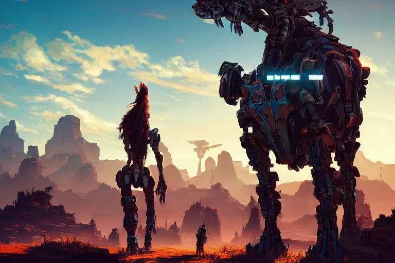 Image similar to tallneck machine mecanical creature robot of horizon forbidden west horizon zero dawn radiating a glowing aura global illumination ray tracing hdr fanart arstation by ian pesty and alena aenami artworks in 4 k