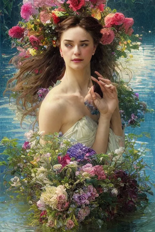 Prompt: portrait of a beautiful mysterious woman holding a bouquet of flowing flowers, hands hidden under the bouquet, lying in a pool of water, fantasy, regal, intricate, by stanley artgerm lau, greg rutkowski, thomas kindkade, alphonse mucha, loish, norman rockwell