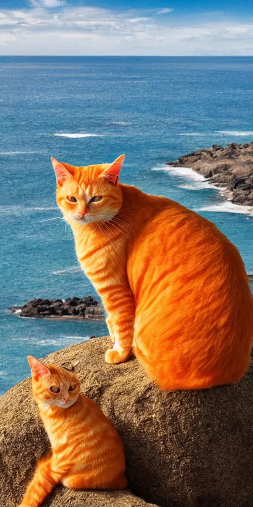 Prompt: orange tabby cat sitting on a rock looking over the ocean, tarot card