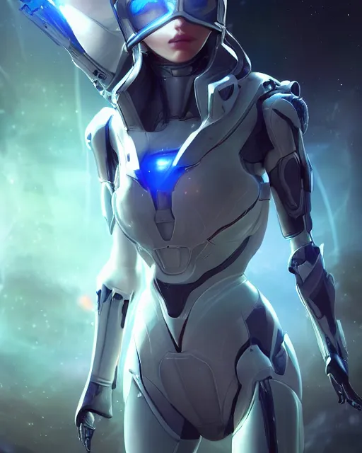 Image similar to perfect android girl on a mothership, warframe armor, beautiful face, scifi, futuristic, galaxy, nebula, bae suzy, dreamy, long white hair, blue cyborg eyes, sharp focus, cinematic lighting, highly detailed, artstation, divine, by gauthier leblanc, kazuya takahashi, huifeng huang