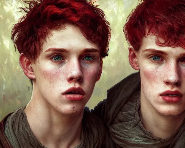 Image similar to portrait of 1 9 - year - old male twins with red hair and freckles, two male, wearing shirts, hyper realistic face, beautiful eyes, fantasy art, in the style of greg rutkowski, intricate, alphonse mucha, hyper detailed, smooth