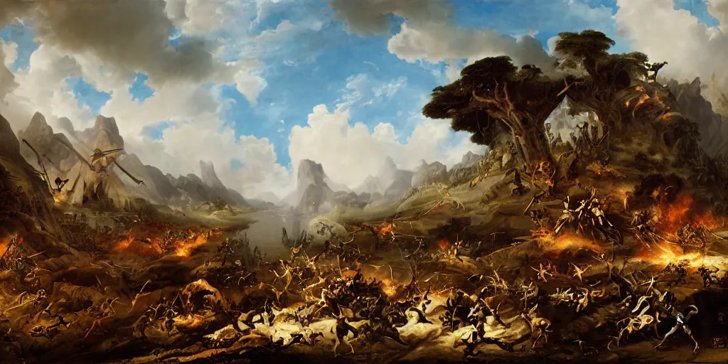 Image similar to an epic battle artwork by eugene von guerard