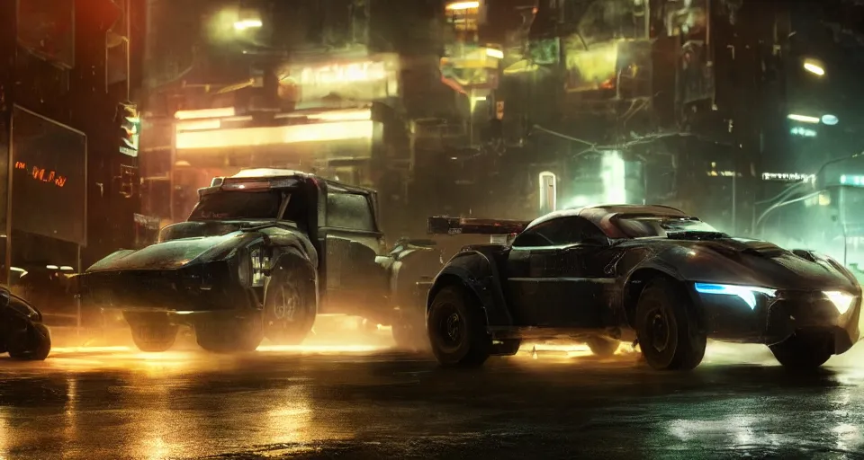 Prompt: closeup photo of combat tesla cybertruck driving on wet dystopian cyberpunk city streets at night, mad max, action, speed, volumetric lighting, hdr, need for speed, gta 5, forza, ridley scott, makoto shinkai, syd mead, craig mullins, cinematic, fast and furious, blade runner, octane, 8 k, iso 1 0 0, 1 2 mm