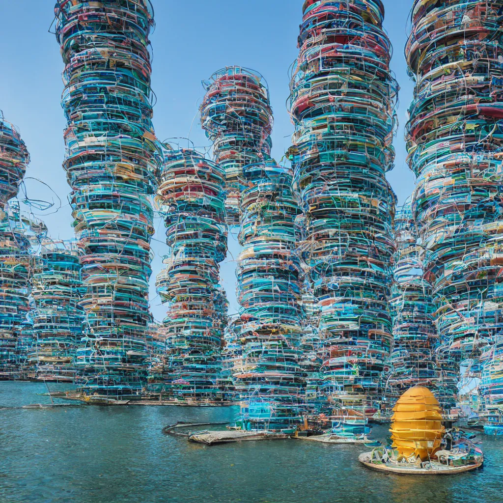 Image similar to a circular tower, made up of colourful makeshift squatter shacks suspended over water, dystopia, sony a 7 r 3, f 1 1, fully frontal view, ultra detailed, photographed by zaha hadid,