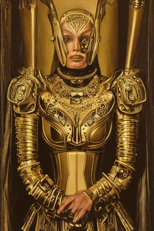 Prompt: portrait of christine turlington as warrior of dark futuristic robotic world, by jan van eyck, h r giger, alfred gilbert, mysticism, intricate, highly ornate dark gold trim armoury
